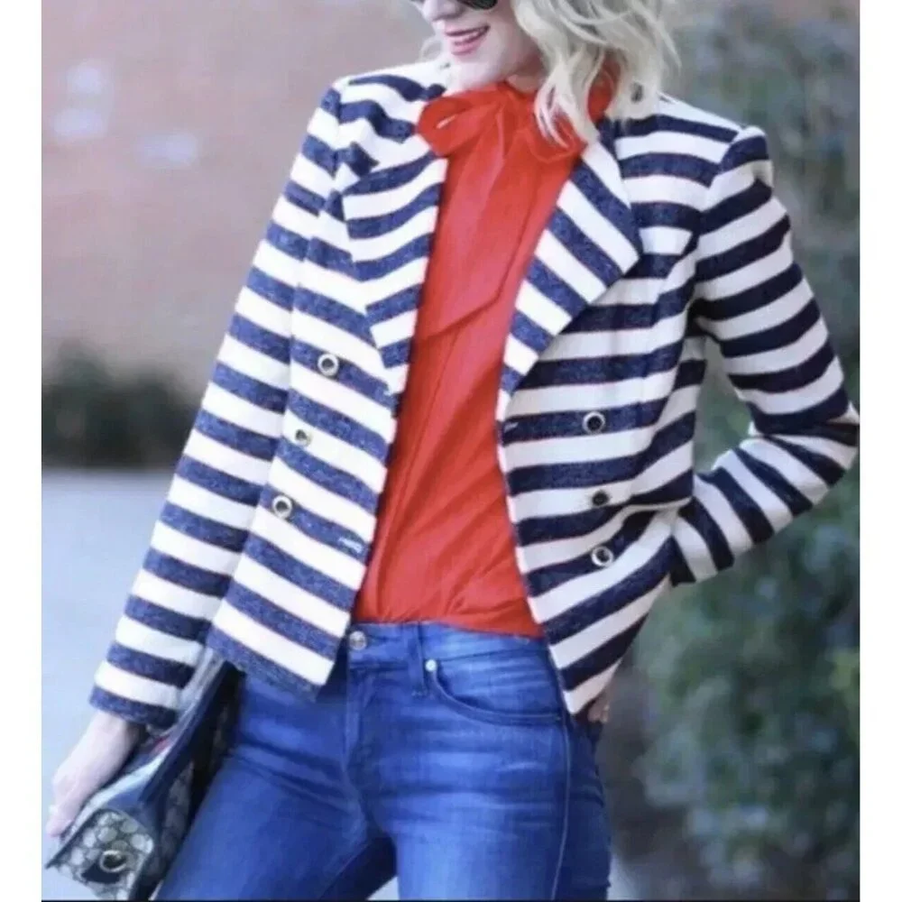 Cabi Cruise Jacket 6 Nautical Stripe Navy Blue Tweed Double Breasted Blazer - Picture 2 of 13